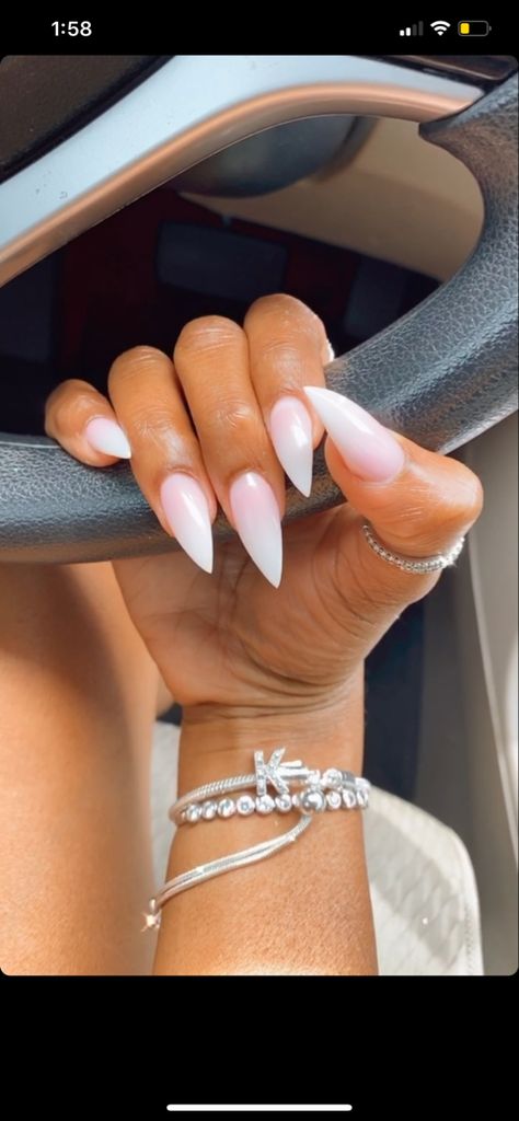 French Ombre Nails Stilettos, Cream Stiletto Nails, Soft Pink Stiletto Nails, Ombre Stilletos Nails, Cute Stilletos Nails, Pink Short Stiletto Nails, Pink And White Ombre Nails Almond, Stiletto Nails Classy, Nude Pointy Nails