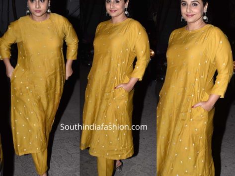 Movie Screening, Yellow Kurta, Clear Sandals, Straight Cut Pants, Vidya Balan, South India, India Fashion, Kurta Set, Formal Shirts