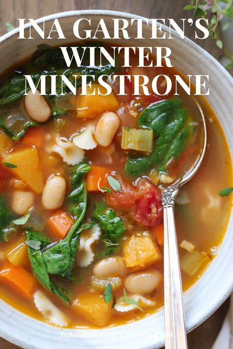 Ina Garten's winter minestrone recipe from her Barefoot Contessa cookbook is the best minestrone soup recipe filled with hearty veggies, white beans and pasta. #minestrone #inagarten #barefootcontessa #healthydinner Ina Garten Winter Minestrone Soup, Winter Minestrone Soup Barefoot Contessa, Ina Garten Minestrone Soup, Best Minestrone Soup, Best Minestrone Soup Recipe, Minestrone Recipe, Winter Minestrone, Barefoot Contessa Recipes, Pesto Spinach