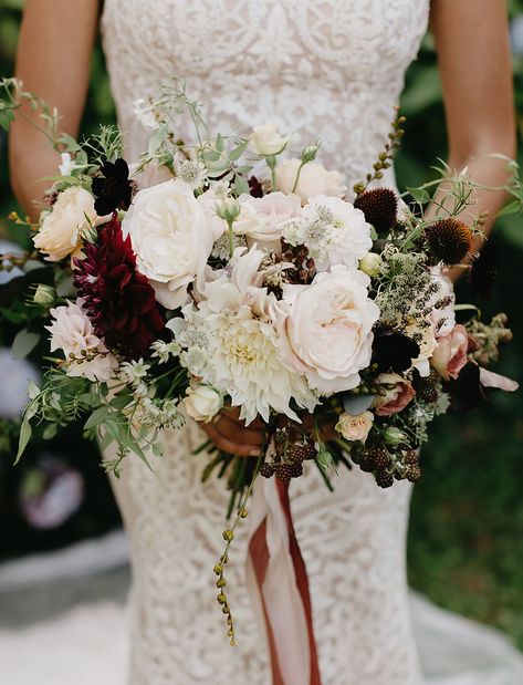 Rustic + Relaxed Outdoor French Wedding in Normandy | Green Wedding Shoes Burgundy Bouquet, Romantic Bouquet, Wedding Favors Fall, Bright Florals, Fall Wedding Flowers, Wildflower Bouquet, French Wedding, Wildflower Wedding, Magical Wedding