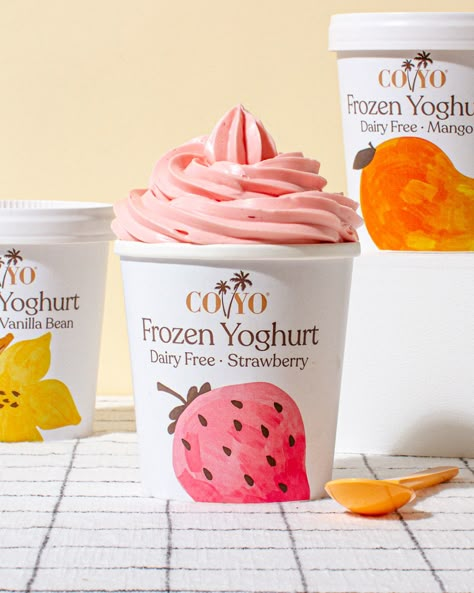 🍦✨ Scoop up the goodness of our dairy free Strawberry, Mango, and Vanilla Bean frozen yoghurts, laced with tum-loving pre+probiotics. Now chilling at select Woolworths stores 🛒 Strawberry Ice Cream Packaging, Sorbet Packaging Design, Yoghurt Packaging Design, Yogurt Branding, Healthy Ice Cream Brands, Yoghurt Packaging, Mango Yogurt, Yogurt Brands, Yogurt Packaging