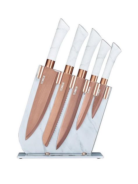 Tower Rose Gold Edition 5-Piece Knife Set with Acrylic Stand | very.co.uk Rose Gold Kitchen, Kitchen Knife Set, Knife Block Set, Gold Kitchen, Rose Gold Accents, Knife Set Kitchen, Carving Knife, Copper Kitchen, Professional Kitchen