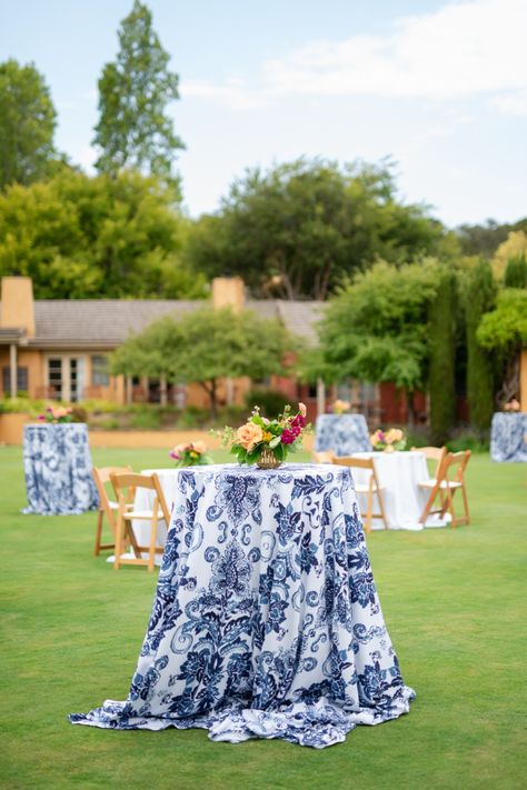 French Country Inspired Cocktail Table Linens #WeddingChicks #frenchcountrywedding #weddinglinens #blueweddingdetails #cocktailhour #cocktailtable Cocktail Table Linens, Blended Wedding, French Country Wedding, Hindu Ceremony, Colorful Florals, Top Cocktails, Blue Cocktails, White Table Cloth, Event Planning Design