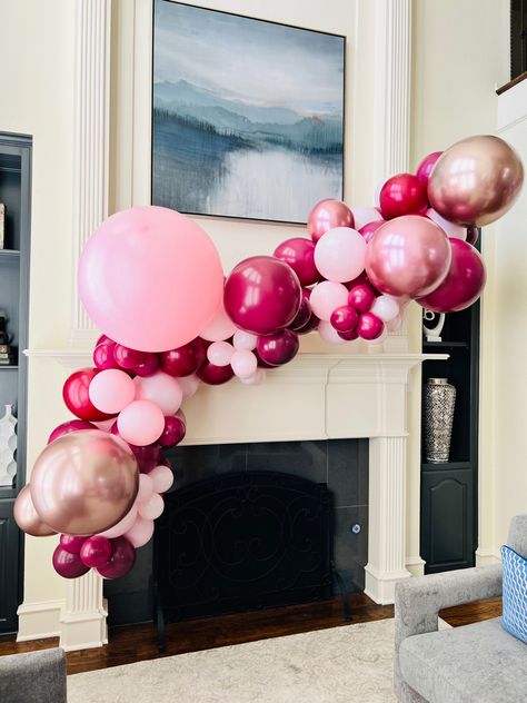 Balloon Garland Around Fireplace, Fireplace Balloon Garland Baby Shower, Balloon Arch On Fireplace Mantle, Balloon Garland Fireplace Mantle, Fireplace Mantle Balloon Garland, Balloon Garland Fireplace, Fireplace Balloons, Garland Fireplace Mantle, Magenta Pink Balloon Garland