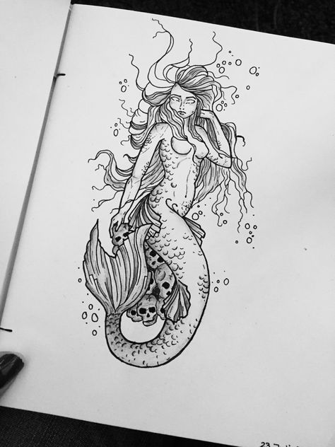 Mermaid And Skull Tattoo, Siren Sleeve Tattoo, Mermaid Tattoo Designs Sketches Sirens, Creepy Siren Tattoo, Cool Mermaid Tattoos, Zombie Mermaid Tattoo, Scary Mermaid Tattoo, Chubby Mermaid Tattoo, Goth Mermaid Tattoo