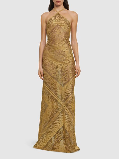 Fixed straps crisscross at back. Back zip closure . Low cut back. All over pattern placement may vary. Model is wearing a sizeS Vintage Gold Dress, Gold Long Dress, Roberto Dress, Peter Pan Dress, Roberto Cavalli Dress, Cavalli Dress, Lurex Fabric, Back Back, All Over Pattern