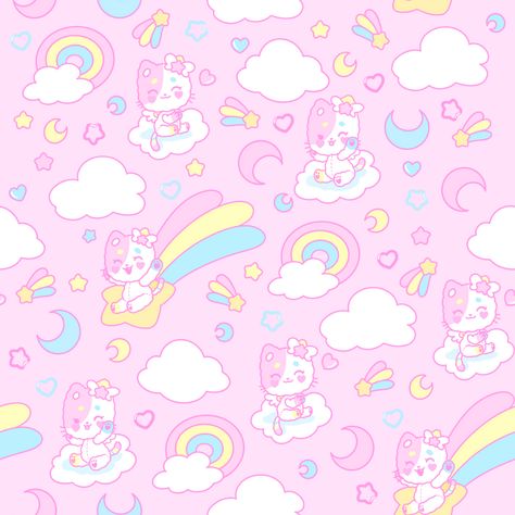 | Kira Kira Calico Kawaii Seamless Pattern, Fairy Kei Wallpaper, Cute Kawaii Backgrounds, Rh Patterns, Kawaii Pattern, Cute Core, Kawaii Background, Hello Kitty Halloween, Bee And Puppycat