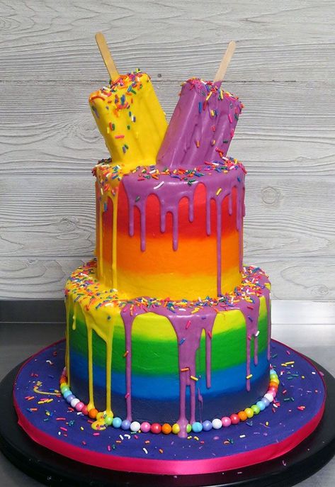 Rainbow Ice Cream Cake, Popsicle Birthday Cake, Colorful Cake Ideas, Colorful Candy Cake, Bright Birthday Cakes, Crazy Birthday Cakes, Cakes Fancy, Candy Birthday Cakes, Cake Custom