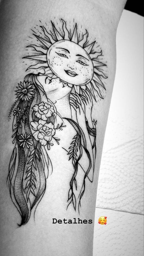 Mother Nature Tattoos Goddesses Divine Feminine, Gnarly Tattoos, Tattoo Sun, Mother Nature Tattoos, Coverup Tattoo, Sun Tattoo Designs, Clock Tattoo Design, Goddess Tattoo, Sun Tattoos