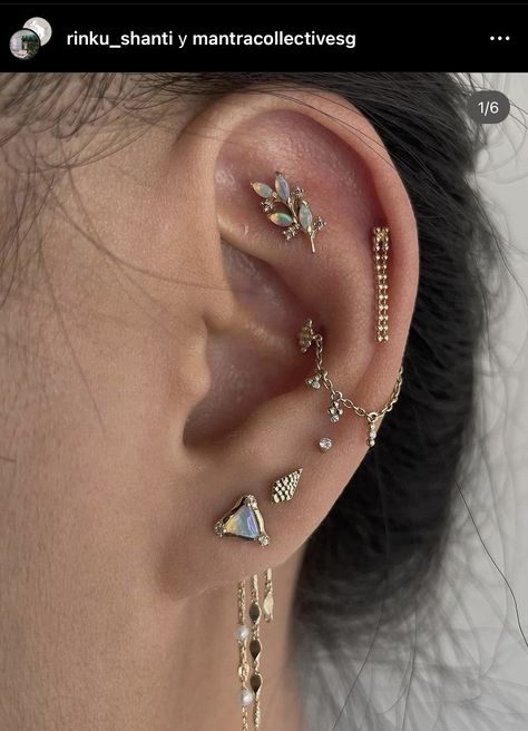 Pinterest Ears, Ear Piercings Witch, Trendy Piercings, Piercings 2023, Space Themed Ear Piercing, Maximalist Ear Stack, Celestial Ear Stack, Ear Project, Opal Ear Curation