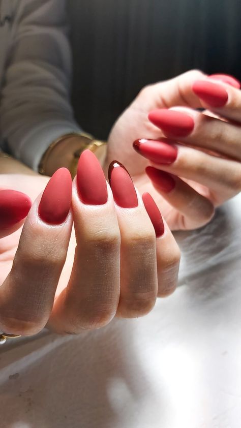 Matte Red Sparkle Nails, Red Matte Nails With Glossy Tips, Matte Red Christmas Nails, Red Matte Nails Design, Matte Nails Red, 2023 Red Nails, Matte Red Nails, Red Sparkle Nails, Red Matte Nails