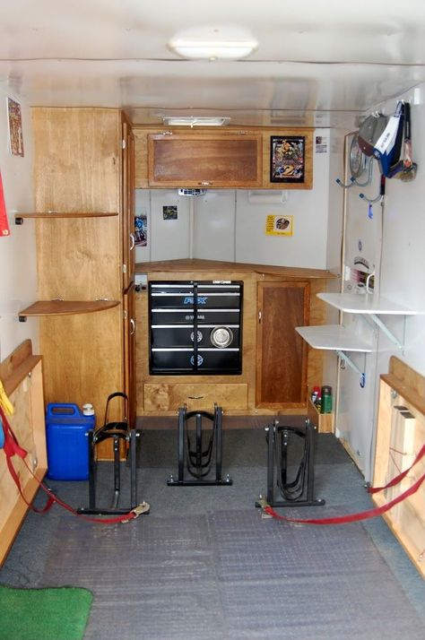 Enclosed Trailer Cabinets, Enclosed Motorcycle Trailer, Hunting Trailer, Enclosed Trailer Camper, Cargo Trailer Camper Conversion, Toy Hauler Camper, Trailer Organization, Work Trailer, Cargo Trailer Conversion