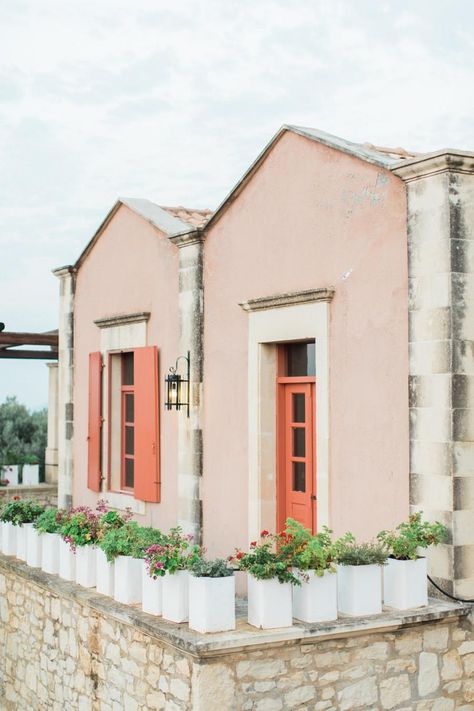 Colorful Front Door, Agreco Farm, Pink House Exterior, Anna Roussos, Crete Wedding, Yellow House Exterior, Best Front Door Colors, Best Front Doors, Stucco Homes