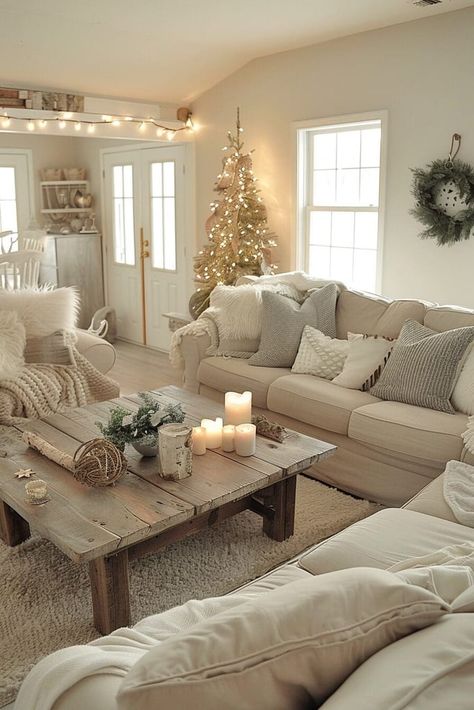 72 Neutral Living Room Ideas That Are So Chill, They'll Practically Pay Your Rent Cozy Sitting Room Ideas, Boho Sofa Couch, Hygge Living Room Ideas, Cream Couch Living Room, White Christmas Living Room, Beige And White Living Room, Ideas For Rooms, House Room Design, Bloxburg Christmas