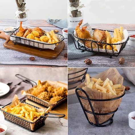 Fries Basket, Restaurant Table Decor, Snack Bucket, Bread Snacks, Potato Bread, Snack Containers, Fried Food, Potato Chips, French Fries