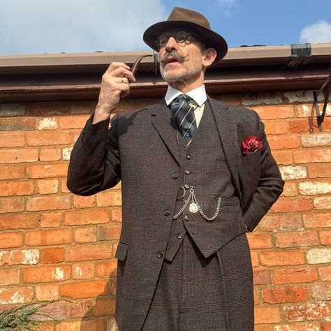 Dress down Friday.. Vintage Moss Bros 3 piece tweed suit.. dated 1966.. with yellow check tunic shirt, cameron collar. Boxcloth braces. Piccadilly armbands, double albert Full Hunter pocket watch.. and obviously correct underwear and accessories #fogeyunlimited #tweedsuit #boxclothbraces #cameroncollar #stiffcollar #doublealbert #needtotidythegarden Workwear Tweed Jacket With Welt Pockets And Suit Collar, Vintage Tweed Jacket With Lapel Collar And Welt Pockets, Tailored Vintage Tweed Suit, 1930s Tweed Suit, Tailored Tweed Jacket With Double-breasted Button Fastening, Check Tunic, Dress Down Friday, Moss Bros, Tweed Suit