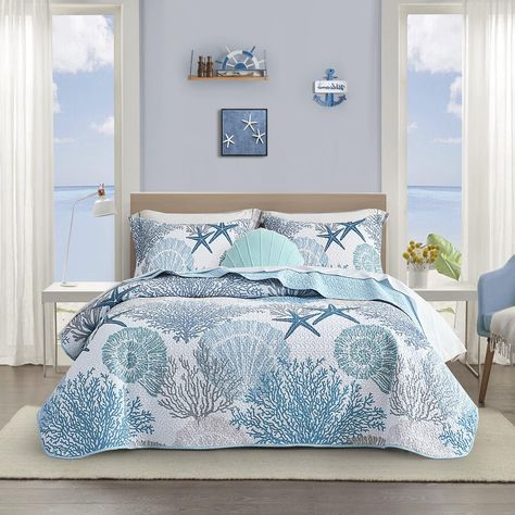 PRICES MAY VARY. 🛏️Package Include: Coastal 3-piece KING SIZE quilt set includes 1 beach-themed printed quilt (106''x96'') + 2 pillow shams (20"x 36"). Tips: Choose a larger size if you want the quilt drapes on the floor. 🛏️Stylish Decoration: Our lightweight quilt set is printed with a delicate coastal ocean pattern which is a beautiful choice for homeowners whose house has beach-themed decoration. And perfectly use it as a coverlet to keep your comforter clean and keep you warm on cold days Coastal Quilt Sets, Summer Comforter, King Size Quilt Sets, Coastal Quilts, Beach Quilt, Coastal Bedding, Beach Bedding, Guest Room Decor, Print Comforter