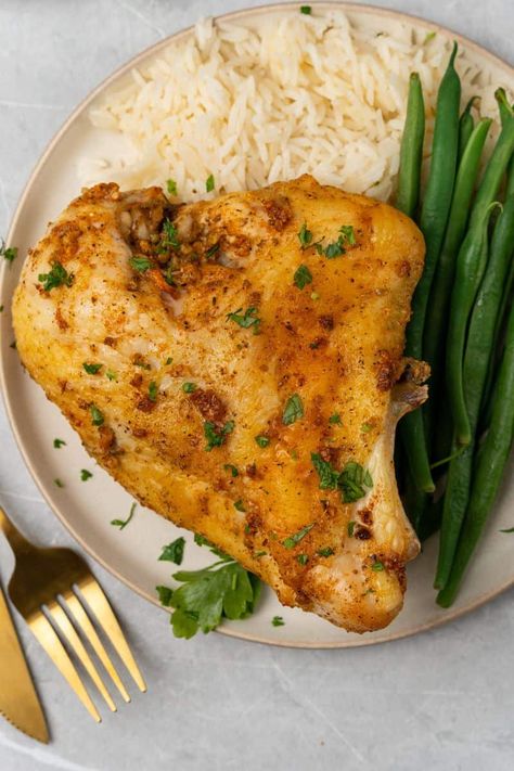 This easy to make recipe for baked split chicken breast is tender and juicy with just the right combination of garlic and herbs. Baked Split Chicken Breast Recipes, Split Chicken Breast Recipes, Bone In Chicken Breast Recipes, Oven Chicken And Potatoes, Baked Split Chicken Breast, Lemon Herb Chicken Breast, Dutch Oven Chicken Breast, Split Breast Chicken Recipes, Baked Bone In Chicken