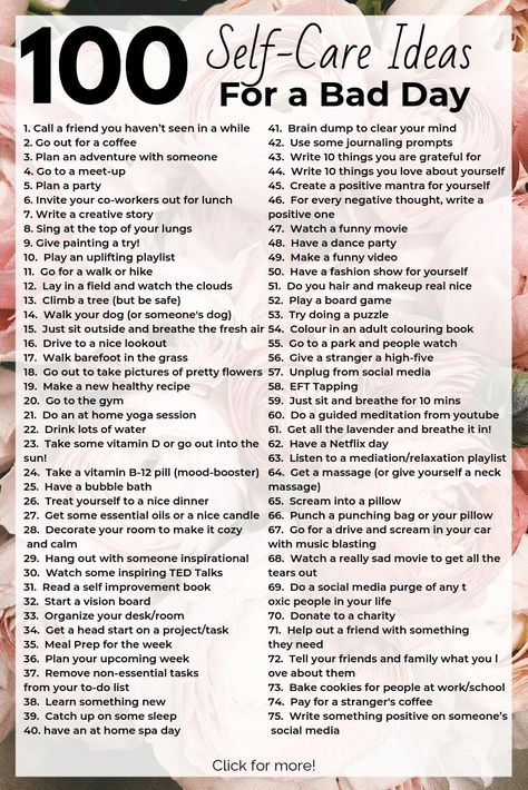 100 Self Care-Ideas for When You're Feeling Down! Re-charge your mental health by adding to your self-care routine! Reduce stress and helping your mental wellness #selfcareideas #selfcareroutine #mentalhealthmatters #mentalhealthawareness 100 Days Of Self Care, 100 Days Glow Up Challenge, Mental Care Routine, Glow Up Tasks, Daily Tasks Ideas, Daily Routine For Mental Health, How To Change Your Lifestyle, How To Start Working On Yourself, 100 Self Care Ideas