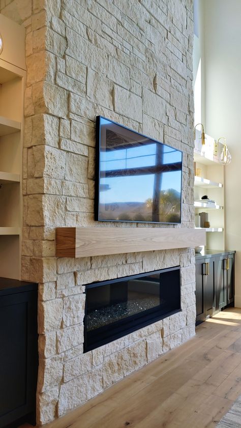 Stone Fireplace With Linear Fireplace, Modern Fireplace Ideas With Tv Stone, White Fireplace Stacked Stone, Stone Fireplace With Electric Fireplace, Built Out Fireplace Wall Stone, Stone Fireplace Floor To Ceiling Modern, Diy Stone Fireplace Tv Wall, Electric Fireplace Stone Surround, Partial Stone Fireplace