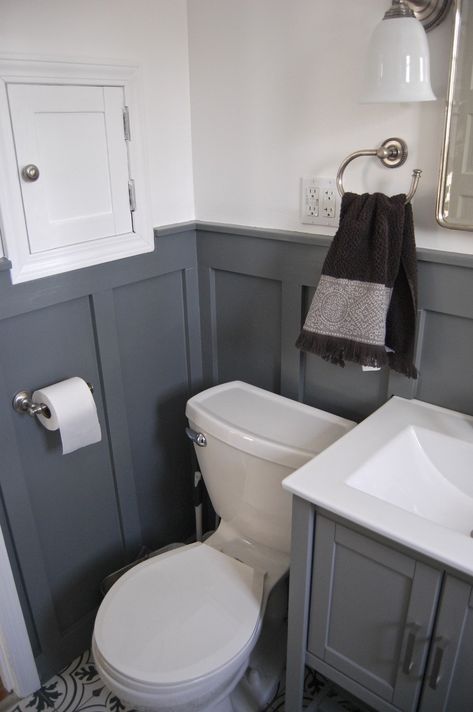 Small white bathroom renovation update with grey wainscoting and laundry shoot Grey Wainscoting, Small White Bathroom, Laundry Shoot, Small White Bathrooms, Kid Bathroom, Wainscoting Kitchen, Wainscoting Bedroom, Beadboard Bathroom, Wainscoting Bathroom