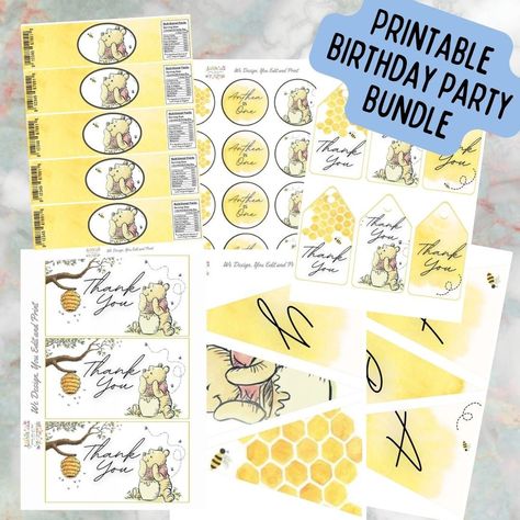 Winnie the Pooh Birthday Bundle, Editable Little Hunny Birthday Kit, Pooh 1st Birthday Decor, Pooh 1st Birthday Bundle, Bee Birthday Winnie The Pooh Birthday Party, Pooh Birthday Party, 1st Birthday Decor, Thank You Tag Printable, Bottle Labels Printable, Pooh Birthday, Winnie The Pooh Birthday, Birthday Party Printables, Cupcake Toppers Printable