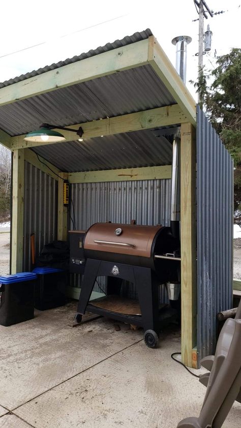 Smoker Shelter, Grill Shelter, Grill Stations, Diy Grill, Pellet Smokers, Pellet Smoker, Grill Station, Outdoor Kitchen Ideas, Backyard Diy