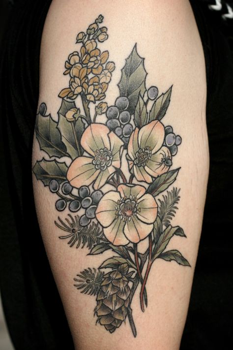 kirstenmakestattoos: “Healed photo of a SUPER FUN tattoo I did awhile back. Hellebore, Oregon grape, Douglas fir, and a spider buddy for Jenn, who is awesome. Thanks for coming to in to let me get... Pacific Northwest Tattoo, Alice In Wonderland Flowers, Wonderland Tattoo, Floral Tattoo Sleeve, Make Tattoo, Botanical Tattoo, Tattoo Portfolio, Trendy Tattoos, Skin Art