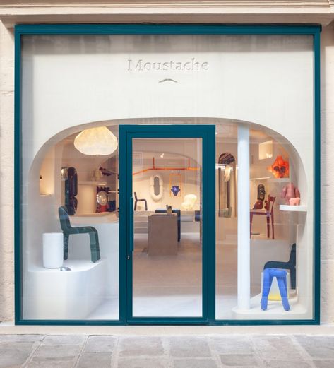 Moustache opens Paris store that looks as if it is carved out of stone Retail Store Facade, Store Entrance, Parisian Store, Paris Interiors, Retail Facade, Window Reveal, Shop Facade, Concrete Interiors, Paris Store