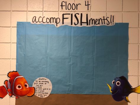 Light blue banner with Nemo and Dory where residents can post their accomplishments for the RA and floor to read. Proud Ra Fridge, Finding Nemo Door Decs, Finding Dory Gerald, Residence Life Bulletin Boards, Dorm Bulletin Boards, Ra Door Tags, Resident Assistant Bulletin Boards, Ra Door Decs, Ra Themes