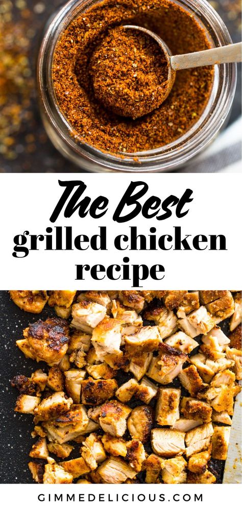 Charred and Tender grilled chicken spiced with a special blend of homemade taco seasoning can be grilled or cooked on the stove-top. It’s delicious in tacos, burritos, on salads, or for meal-prep! Save this simple and healthy recipe from gimmedelicious.com Seasoned Grilled Chicken Recipes, Seasonings For Grilled Chicken, Grilled Chicken Spices, Best Seasoning For Grilled Chicken, Chicken Seasoning Recipes Grilled, Grilled Chicken On Stovetop, Chicken Seasoning For Grilling, Grilled Chicken On The Stove, Grilled Chicken Burritos