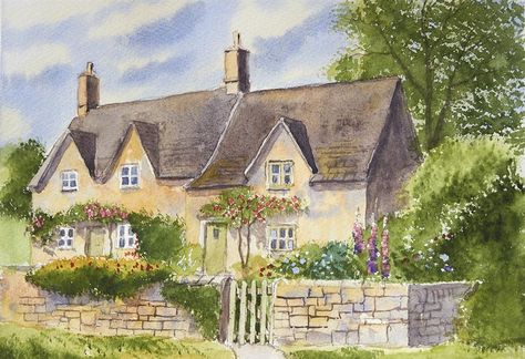 Cottage House Drawing, Cotswold Cottages, Terry Harrison, Cottage Illustration, Cottage Core House, Country Cottage Garden, Cotswolds Cottage, Cottage Painting, Watercolor Architecture