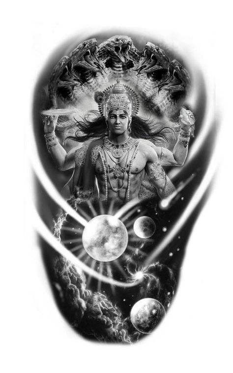 Hindu Tattoo Sleeve, Hindu God Tattoo Designs, Indian Gods Tattoo, Lord Vishnu Tattoo Designs, Vishnu Tattoo Design, Lord Vishnu Tattoo, Innovative Tattoo Ideas, Lord Krishna Tattoo Design, Hindu God Tattoo