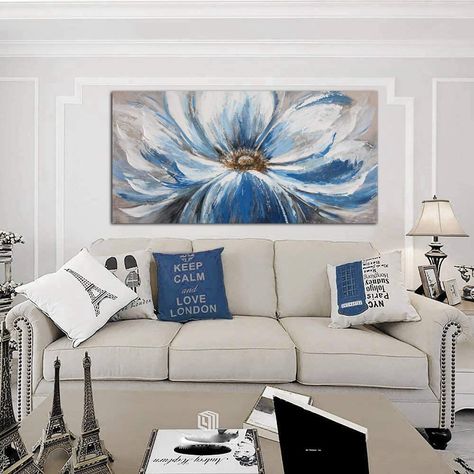 Blue Wall Art Living Room, Blue Flower Pictures, Textile Designing, Bedroom Wall Decoration, Big Wall Decor, Flower Painting On Canvas, Fall Canvas Painting, Butterfly Art Painting, Living Room Large