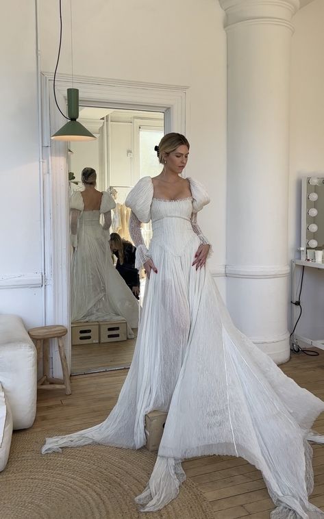 Stunning wedding dress with statement sleeves and draped a line skirt. The macye dress by cinq bridal The Macye Cinq, Oversized Lace Wedding Dress, Unique Sleeved Wedding Dresses, Juliette Sleeve Wedding Dress, Drop Waist Long Sleeve Wedding Dress, Low Drop Waist Wedding Dress, Edgy Wedding Dress Unique, Detachable Sleeves For Wedding Dress, Cinq Bridal Dresses