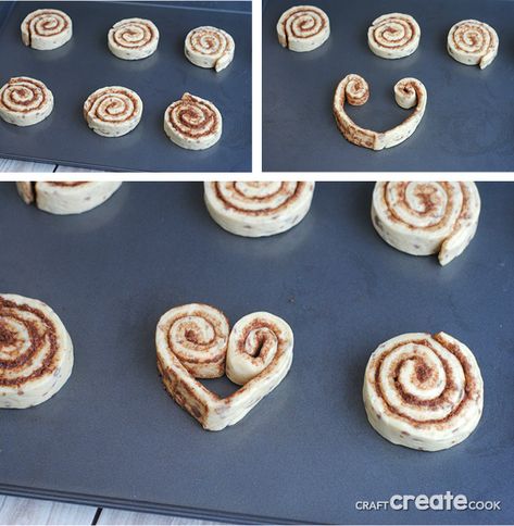 Cinnamon Roll Hearts Valentines Day, Valentine Cinnamon Roll Hearts, Heart Treats Valentine Ideas, Simple Valentines Dessert Ideas, Heart Shaped Cinnamon Rolls Pillsbury, Cinnamon Roll Hearts, Fun Cinnamon Roll Shapes, Valentine’s Day Cinnamon Rolls, Valentines Cinnamon Rolls