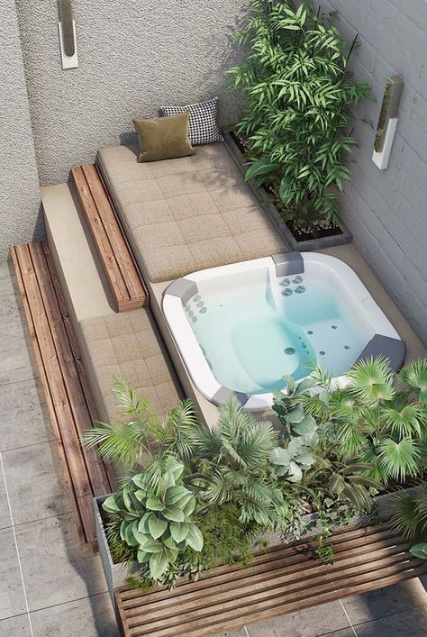 Private Jacuzzi Outdoor, Jacuzzi In Backyard, Terrace Garden With Jacuzzi, Jacuzzi Garden Ideas, Jacuzzi In Garden, Small Jacuzzi Outdoor Patio, Jacuzzi In Terrace, Jacuzzi On Deck, Jacuzzi On Terrace