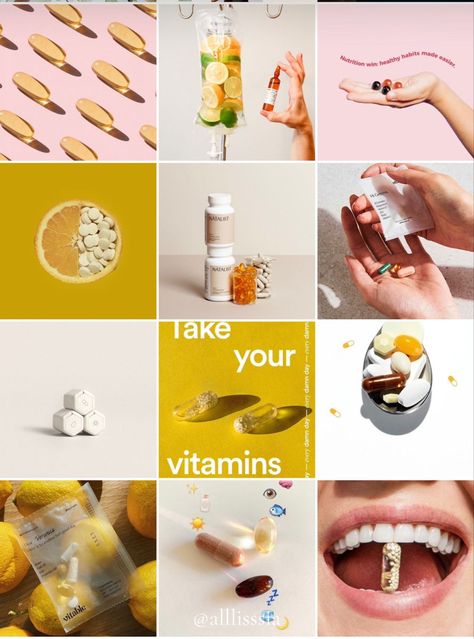 Vitamins brand moodboard for Instagram featuring bright colors, natural elements, and a modern #Mary_Kay #Supplement_Packaging #Vitamin_Brands #Supplements_Packaging Moodboard For Instagram, Nutritionist Branding, Take Your Vitamins, Instagram Photoshop, Brand Moodboard, Vitamin Brands, Supplements Packaging, Car Advertising Design, Beauty Vitamins