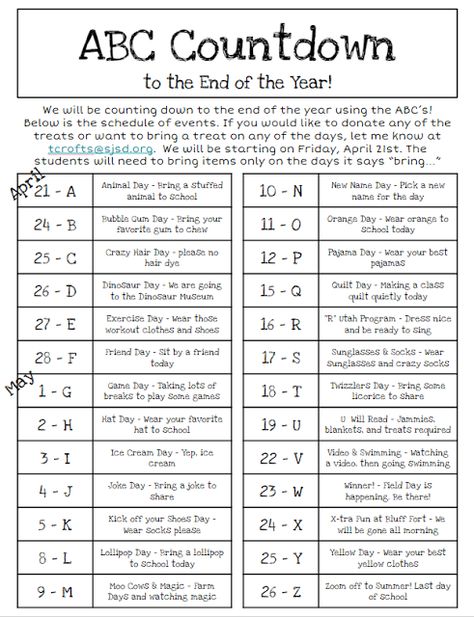 ABC Countdown to the End of the Year! Counseling Corner, Abc Countdown, Summer Countdown, April Ideas, School Countdown, Clever Classroom, End Of Year Activities, Creative Curriculum, 3rd Grade Classroom