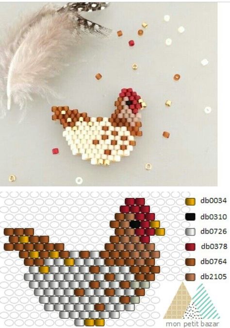 BEAD EMBROIDERY PATTERNS ON FABRIC #BeadPatterns Brick Stitch Pattern Animal, Seed Bead Bear Pattern, Seed Bead Chicken Pattern, Chicken Bead Pattern, Brick Stitch Animal Patterns, Brick Stitch Animals, Beaded Chicken, Bead Painting, Beaded Animals Tutorial