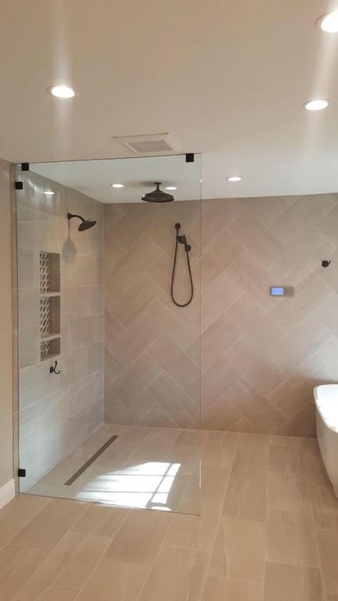 Curbless Showers With Linear Drains, Curbless Shower With Linear Drain, Trayless Showers, Floor Level Shower Walk In, Curbless Shower With Tub, Infinity Shower Bathroom, Linear Drains For Showers, Curbless Shower Ideas Walk In, Shower With Linear Drain