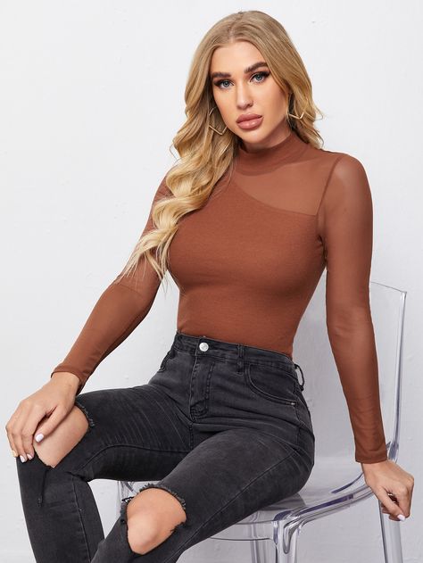 Chocolate Brown Elegant  Long Sleeve Polyester Plain  Embellished Slight Stretch Spring/Fall Women Tops, Blouses & Tee Jeans And Brown Top, Body Manga Larga, Outfits Con Jeans, Mesh Long Sleeve Top, Fall Clothes, Fitted Tee, Hair Clothes, Brown Top, Dark Tan