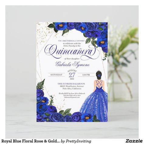 Royal Blue Floral Rose & Gold Elegant Quinceañera Invitation Fancy Ball Gowns, Rose Gold Foil Invitations, Elegant Floral Dress, Fancy Ball, Quince Invitations, Rose Gold Tiara, Quinceanera Invitation, Mexican Birthday, Birthday Roses