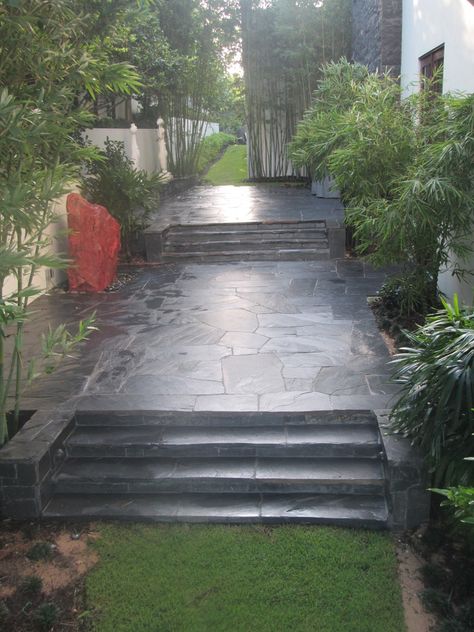 Black Stone Patio, Black Slate Patio, Black Patio Floor, Boulder Fountain, Back Porch Makeover, Side Yard Garden, Florida Backyard, Stone Installation, Chicago Landscape