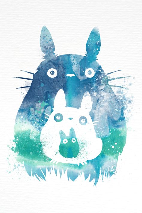 Totoro And Mini Totoros Watercolor Painting By Penelope Green, Blue