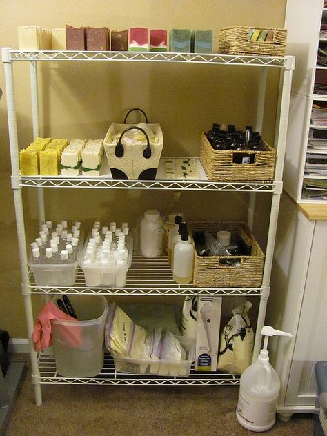 I love this idea for storing soap/lotion making supplies. I am looking for something similar for my room. Lotion Making, Soap Making Kits, Wire Shelving Units, Soap Supplies, Candle Making Business, Candle Studio, Soap Making Supplies, Soap Shop, Homemade Soap Recipes