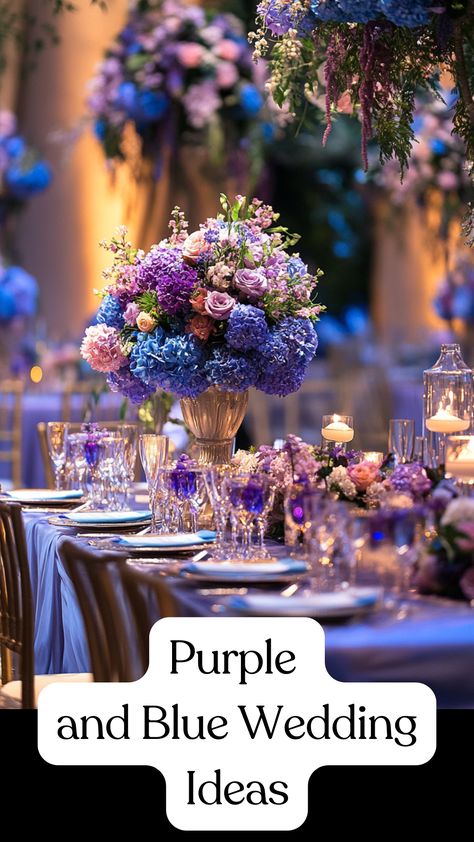 Elegant wedding setup featuring a harmonious blend of purple and blue decor, including floral arrangements and table settings, creating a dreamy and vibrant atmosphere for a perfect celebration. Lilac Blue And Gold Wedding, Wedding Decor Purple And Blue, Royal Blue And Lilac Wedding Theme, Dark Blue Wedding Color Palette, Colorful Wedding Theme Ideas, Navy Blue And Lilac Wedding Theme, Red Blue Purple Wedding, Dark Purple And Light Blue Wedding, Royal Purple Wedding Decorations