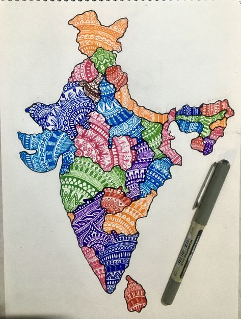 Mandala art Indian map Indian Map, Independence Day Drawing, Doddle Art, Ganesh Art Paintings, Easy Mandala Drawing, Art Indian, Ganesh Art, Mandala Art Lesson, Unity In Diversity