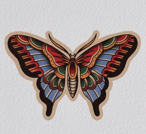 American Trad Butterfly Tattoo, American Trad Butterfly, Traditional Tattoo Art Butterfly, Traditional Butterfly Tattoo Color, Butterfly Tattoo Neo Traditional, Neo Traditional Butterfly, Trad Butterfly, Traditional Tattoo Butterfly, Butterfly Traditional Tattoo