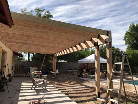 Lean To Patio Cover With Metal Roof, Backyard Covered Porch Ideas, Diy Covered Patio Attached To House Wood, Slanted Patio Cover, Covered Patio And Pergola Combo, Covered Patio On Ranch House, Ranch House Patio Cover, Flat Covered Patio, Patio Covers Attached To House Diy